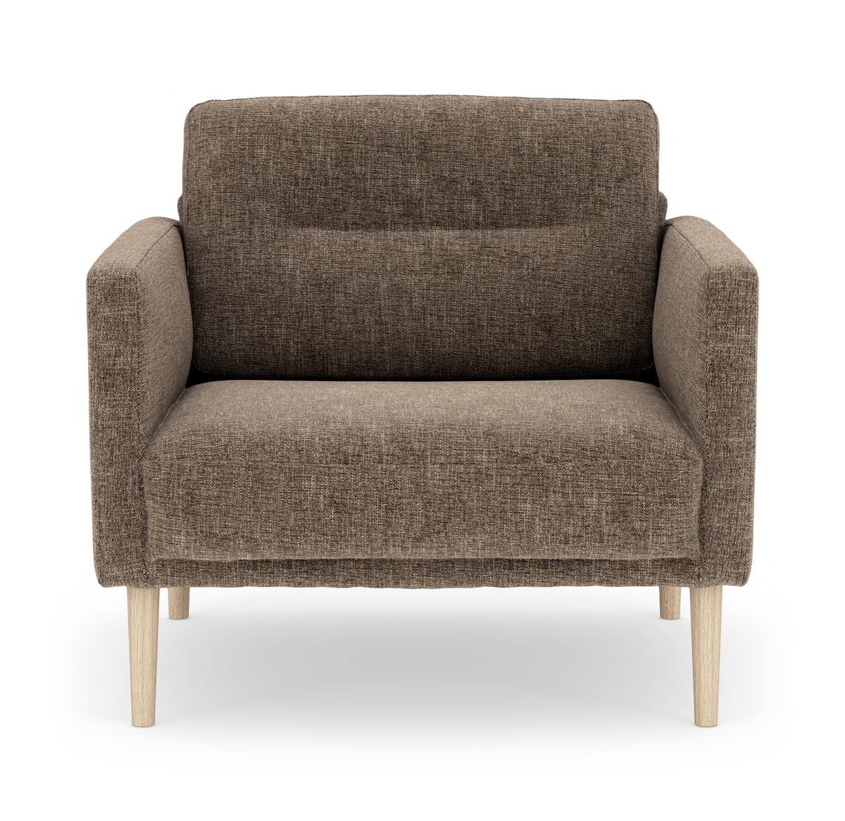 Brun 2-personers sofa i stof med lyse træben, set forfra på hvid baggrund.