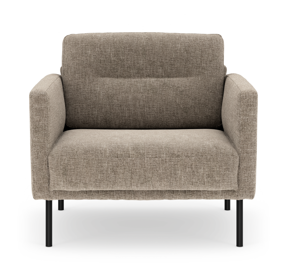 Beige lænestol med slanke sorte metalben, set forfra.