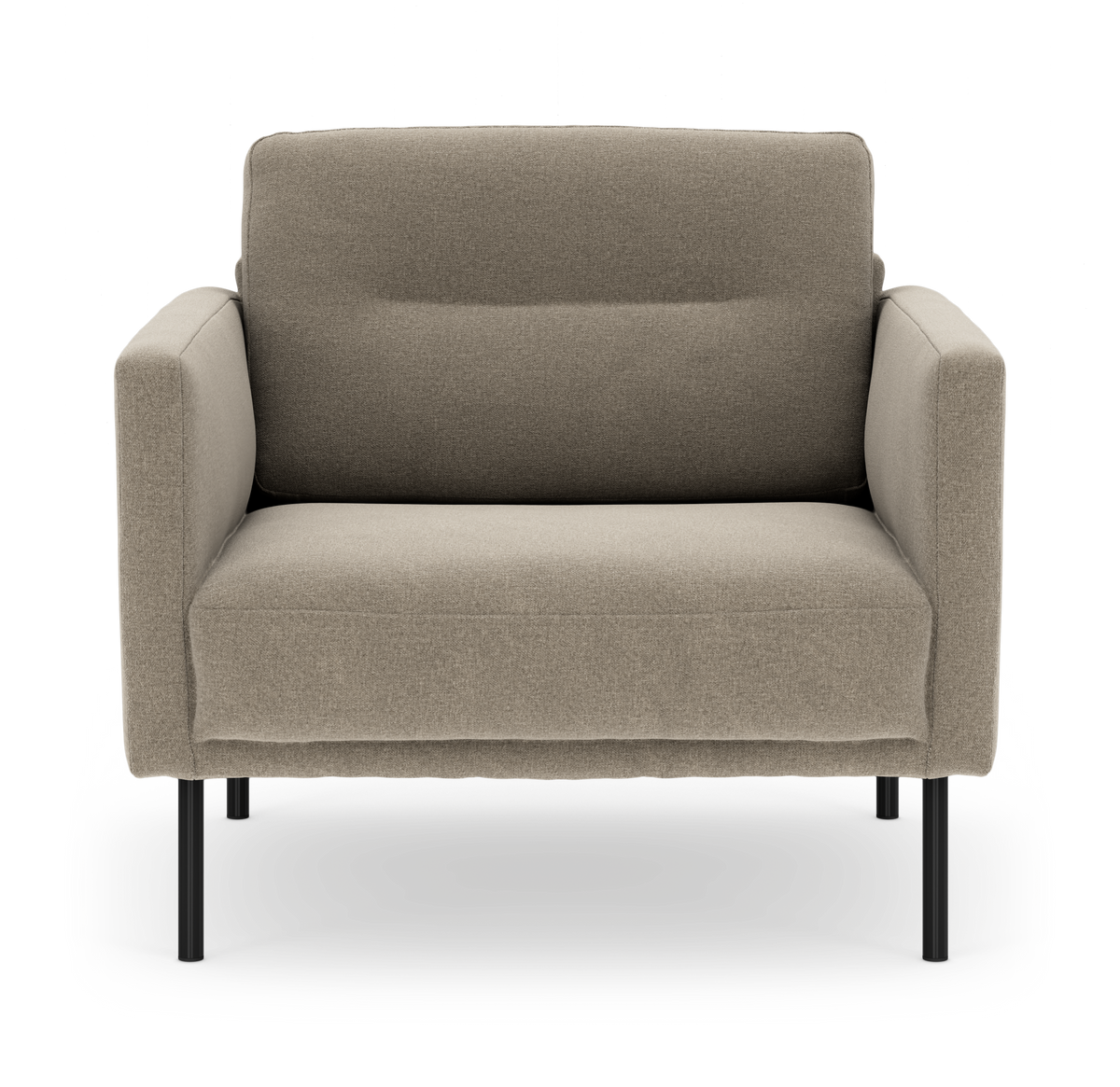 Beige lænestol med slanke sorte ben, frontvisning mod hvid baggrund.