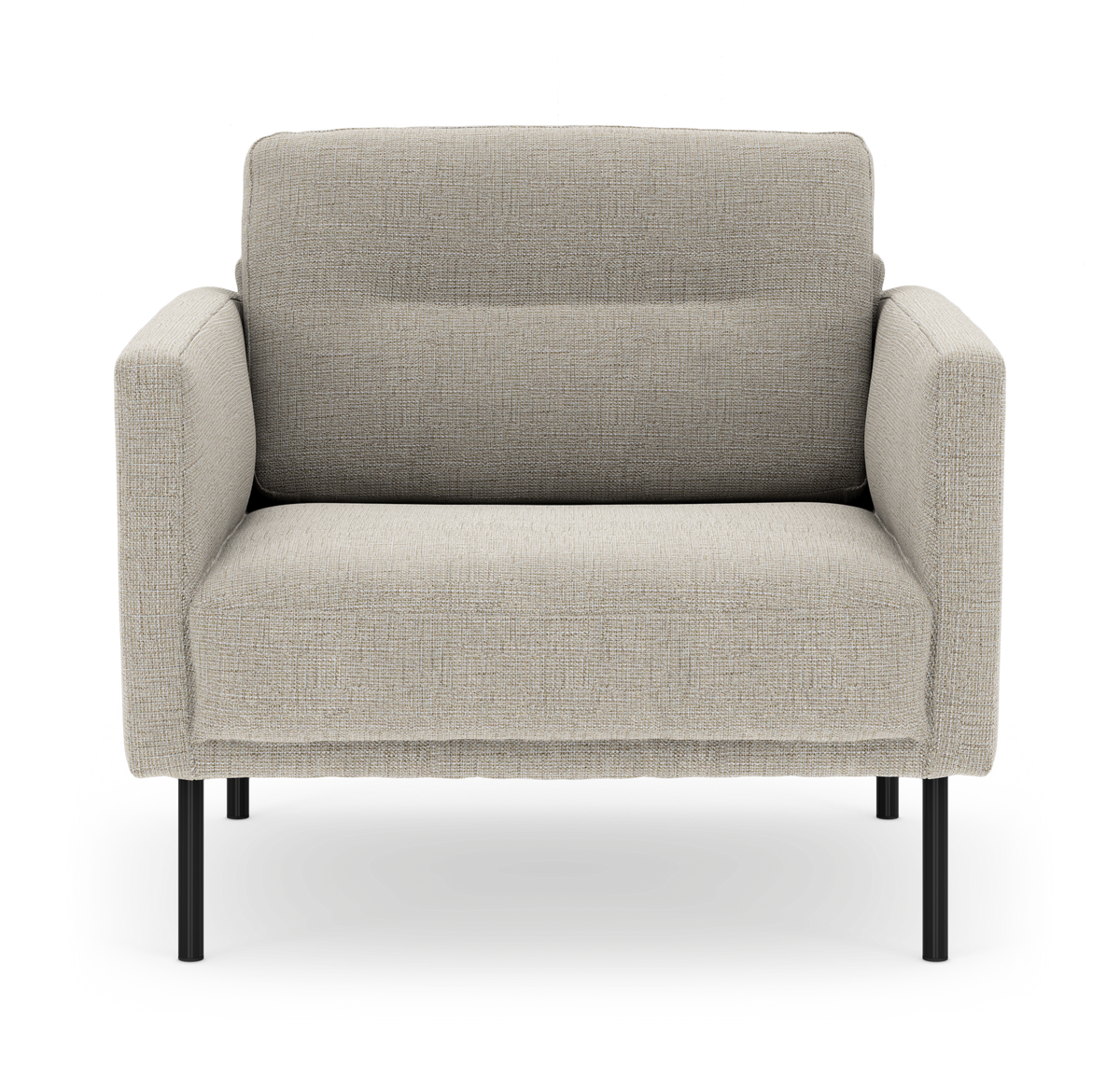 Beige lænestol i tekstil med slanke sorte metalben, frontview på hvid studiobaggrund.