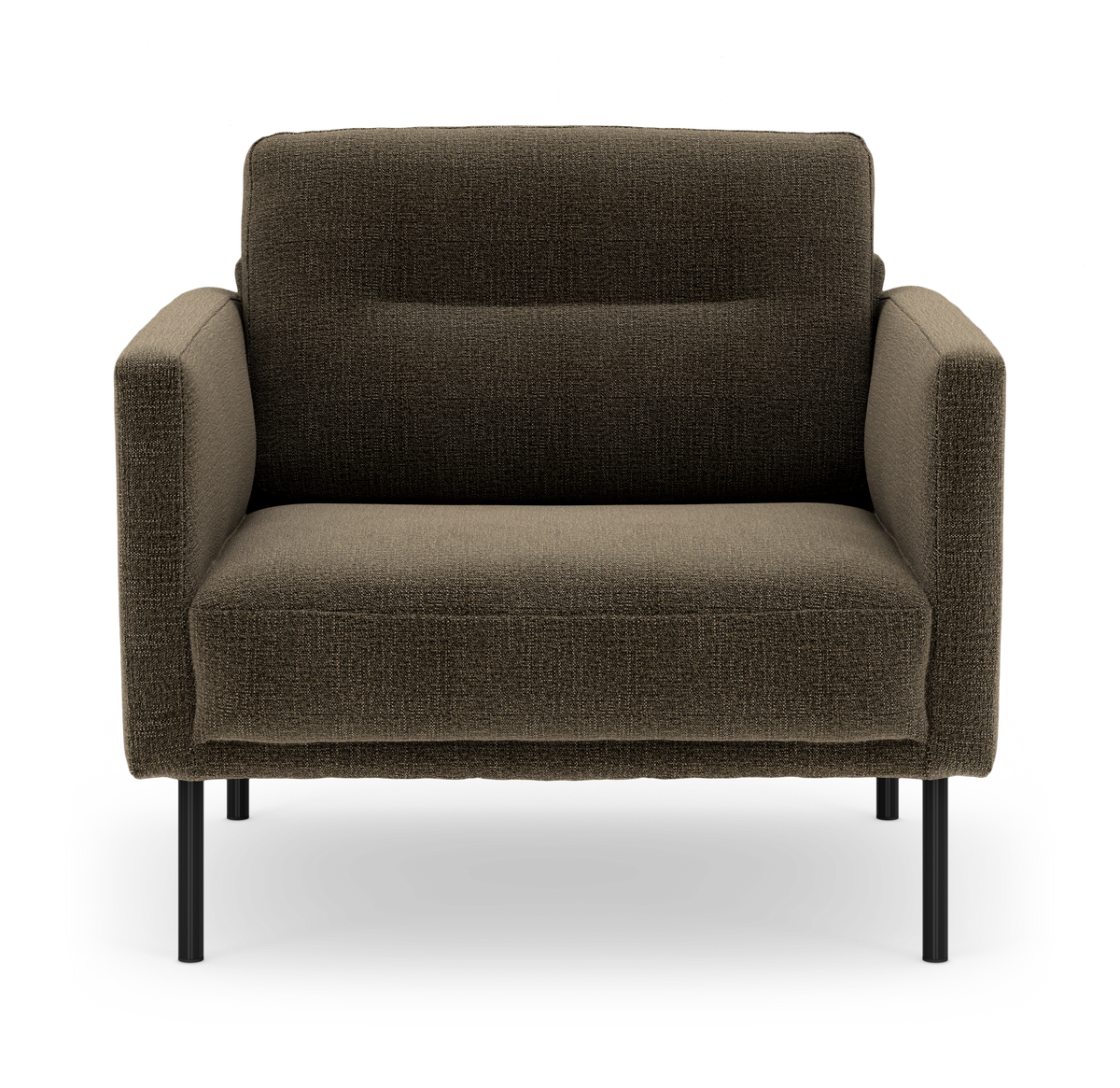 Brun stoflænestol set forfra med slanke sorte metalben i et enkelt, moderne design.