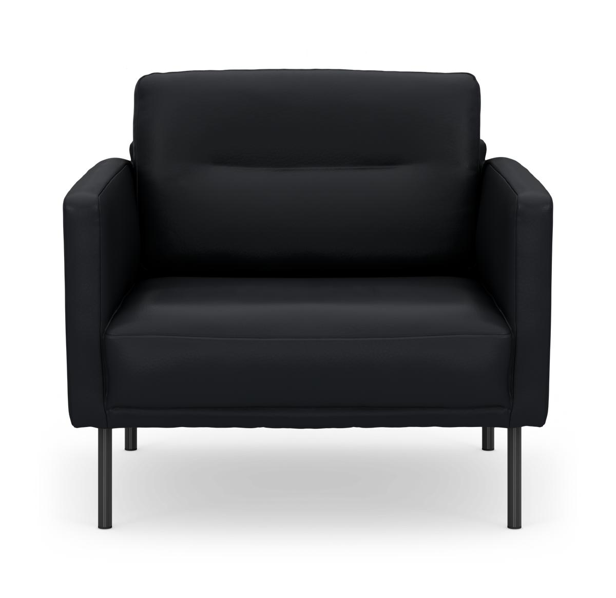 Sort tosædet lædersofa med slanke metalben, fotograferet direkte forfra mod hvid baggrund.