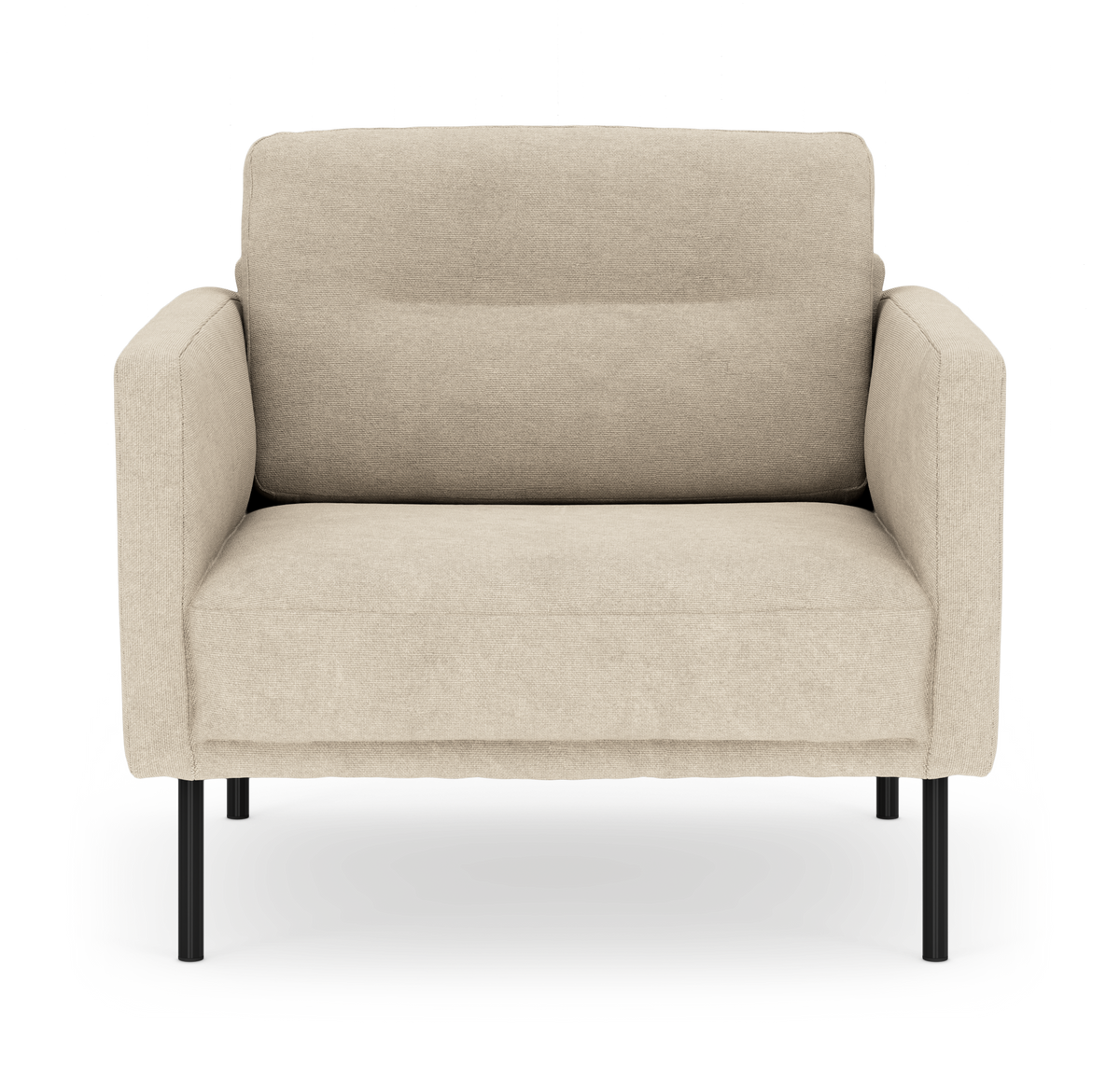 Beige lænestol med slanke sorte metalben, frontvisning.