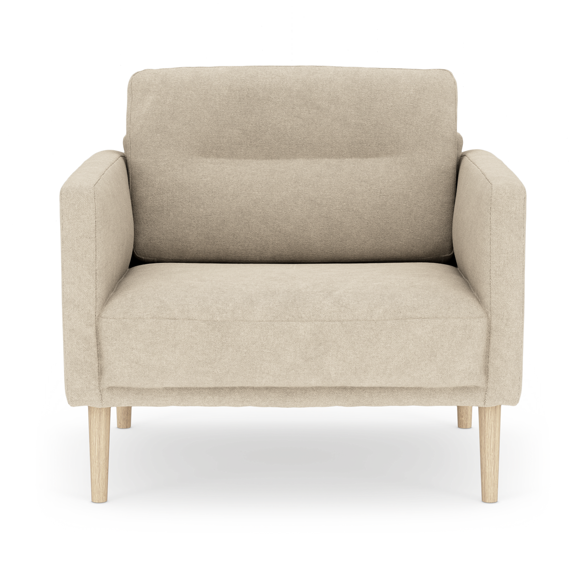 Beige stoflænestol med slanke træben, set direkte forfra.