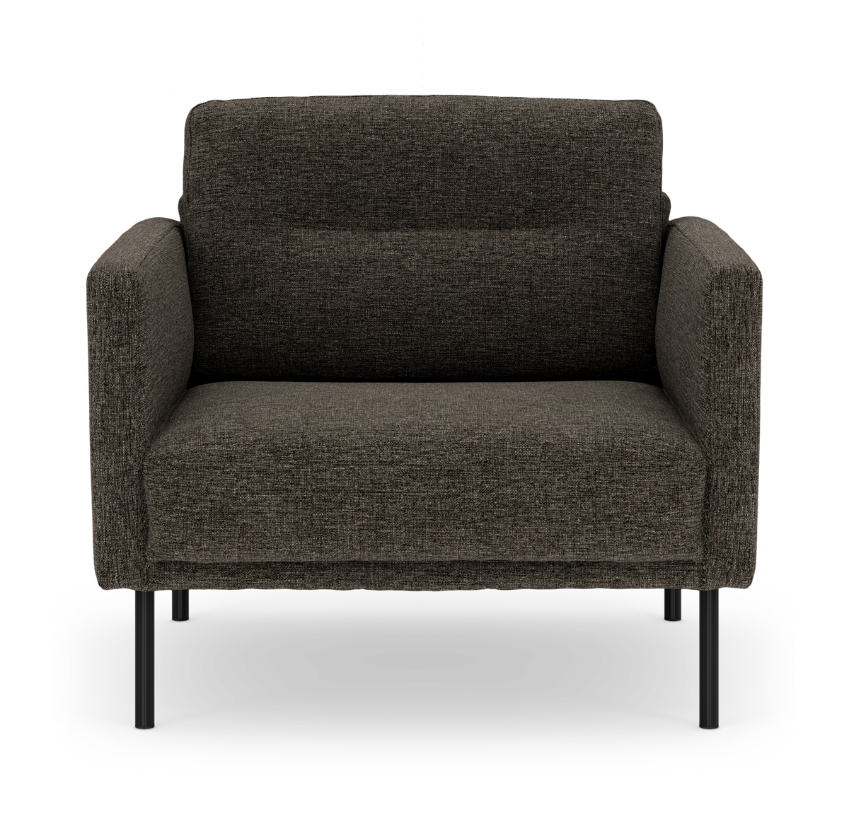 Mørkegrå stoflænestol set forfra med slanke sorte metalben, moderne minimalistisk design på hvid studiebaggrund.