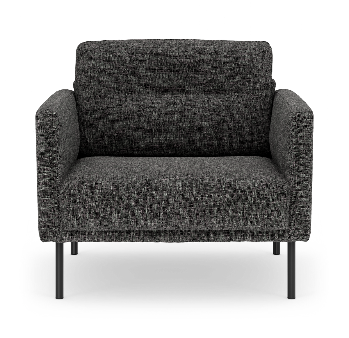 Mørkegrå 2-personers sofa i tekstil med slanke sorte metalben, frontvisning.