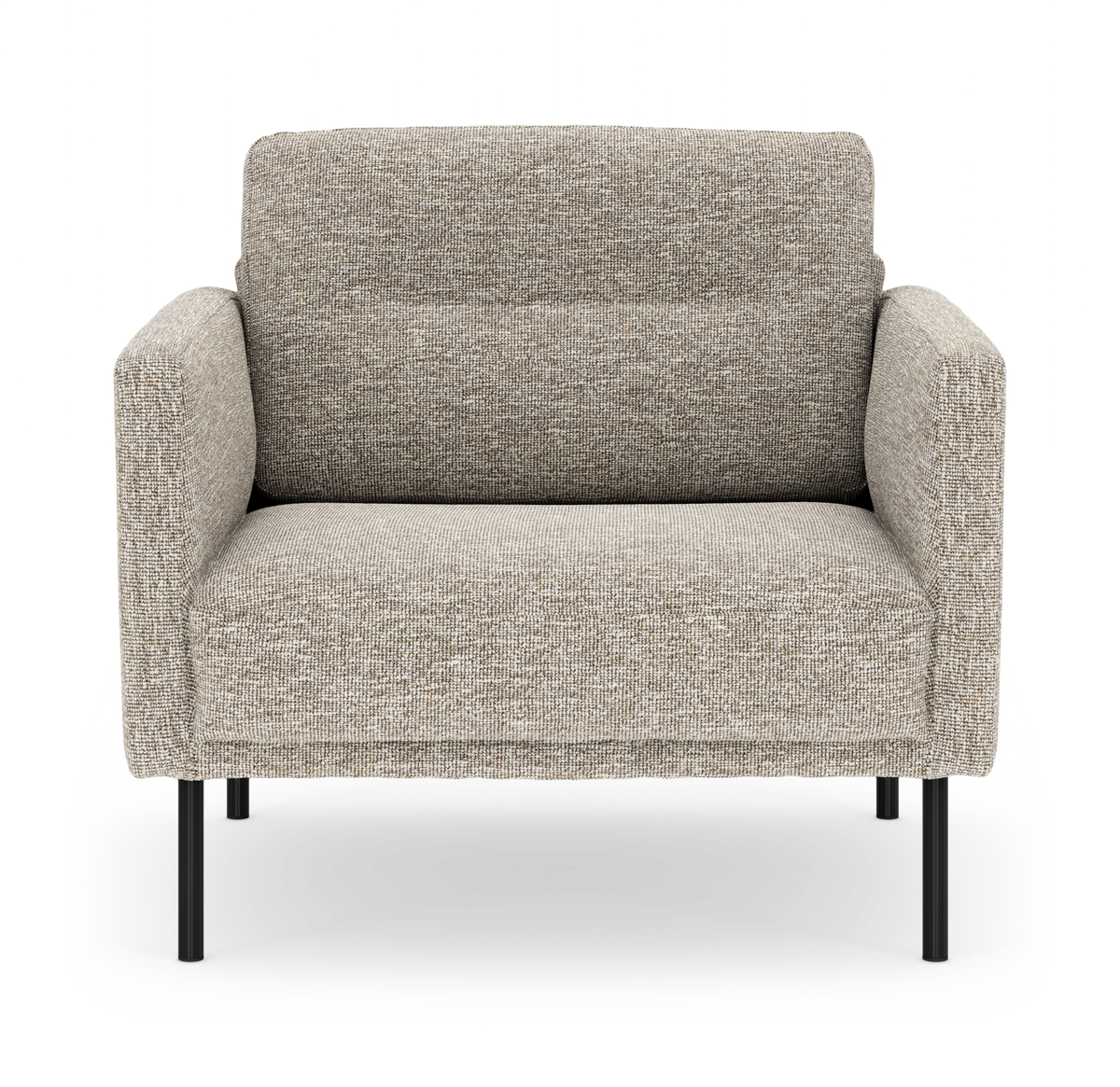 Beige stoflænestol med slanke sorte ben, set forfra.