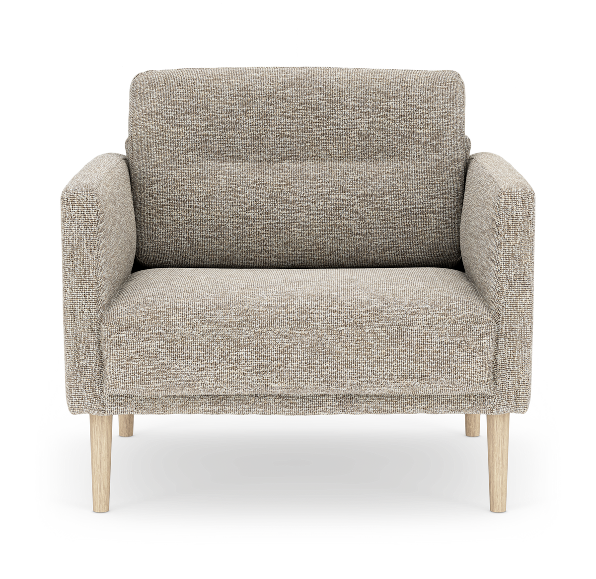 Beige tekstil-lænestol med lyse træben, set forfra mod hvid baggrund.