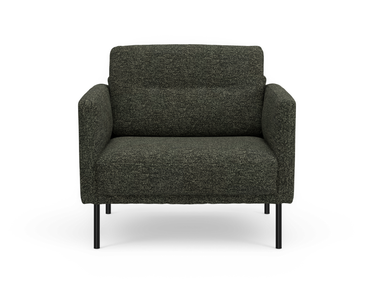 Mørkegrøn stoflænestol med slanke sorte metalben, set direkte forfra.