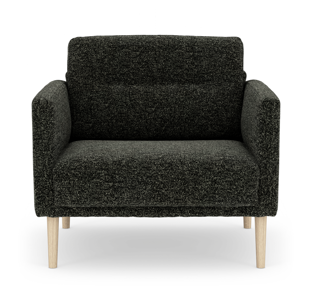 Mørkegrå lænestol med lyse træben i et enkelt, kompakt stofdesign.