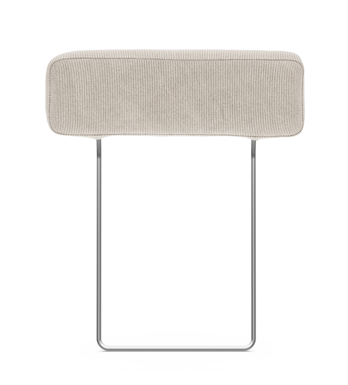 Bænk med beige corduroy-betræk på krom slædeben, frilagt på hvid baggrund.