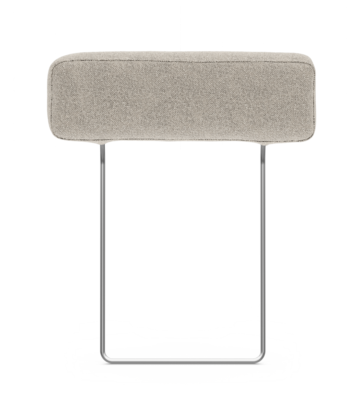 Beige tekstil nakkestøtte med metalramme, fritlagt på hvid baggrund.