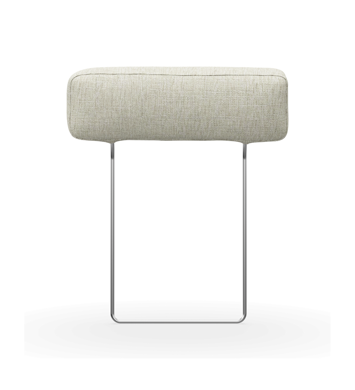 Beige polstret nakkestøtte med slank metalbøjle, set forfra.