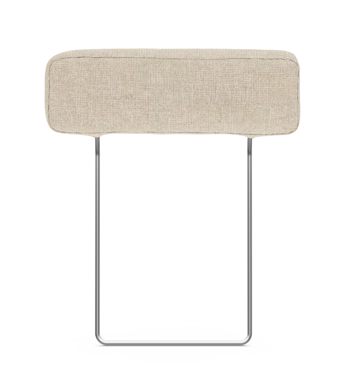 Beige polstret nakkestøtte med metalben, frilagt på hvid baggrund.