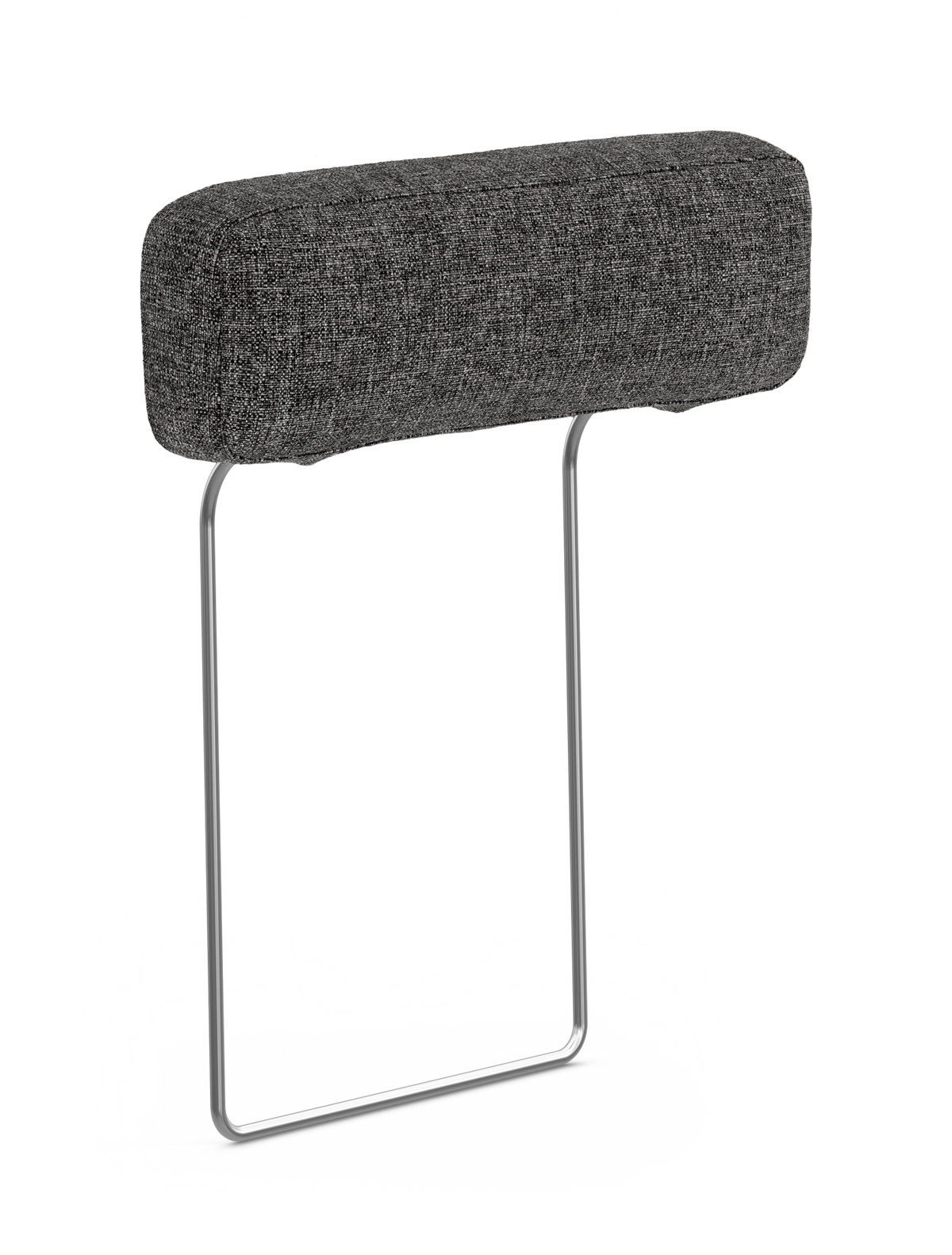 Mørkegråt sofa-nakkestøtte med U-formet metalstativ, frilagt på hvid baggrund.
