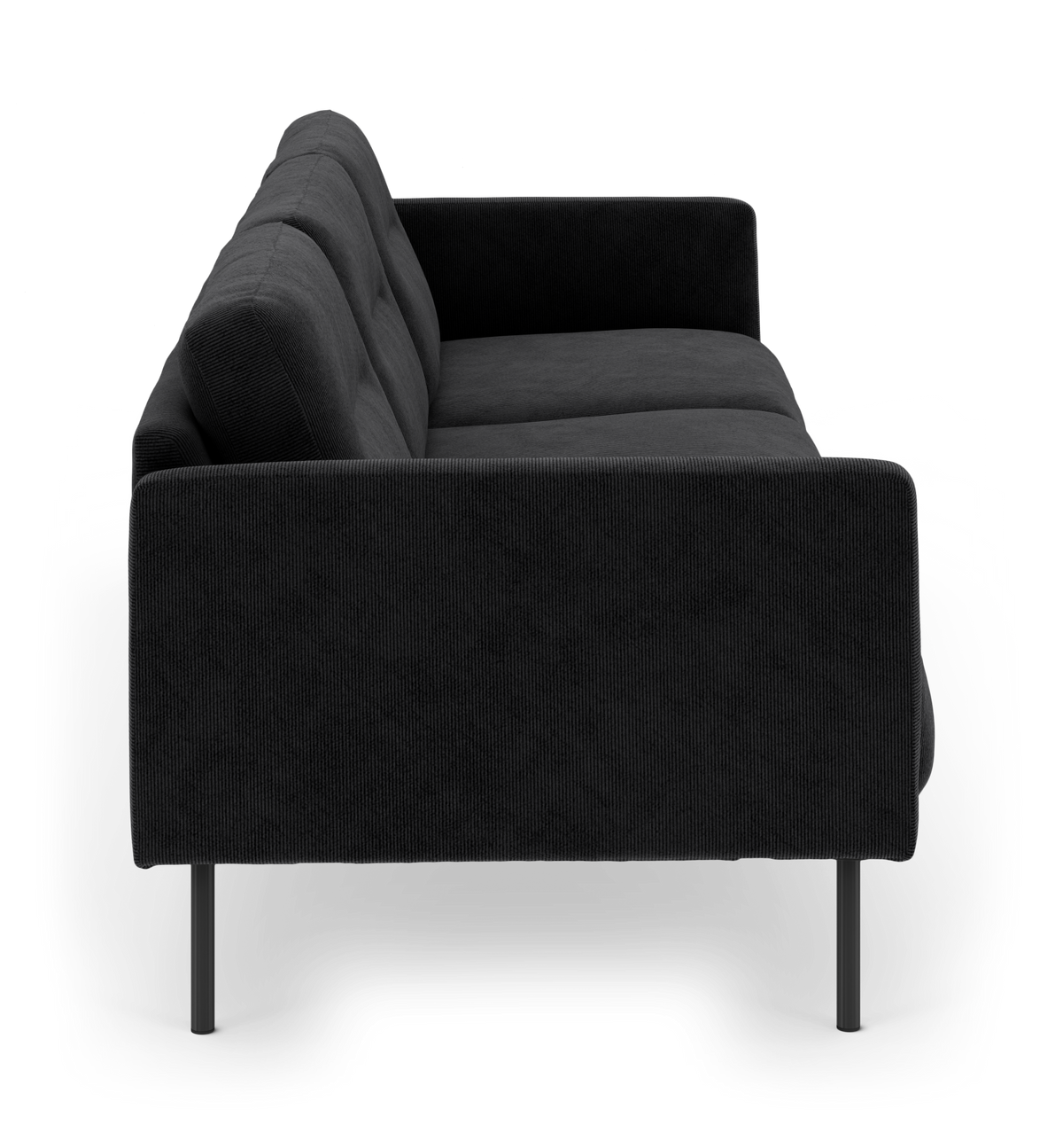 Sort moderne sofa set fra siden med slanke metalben.
