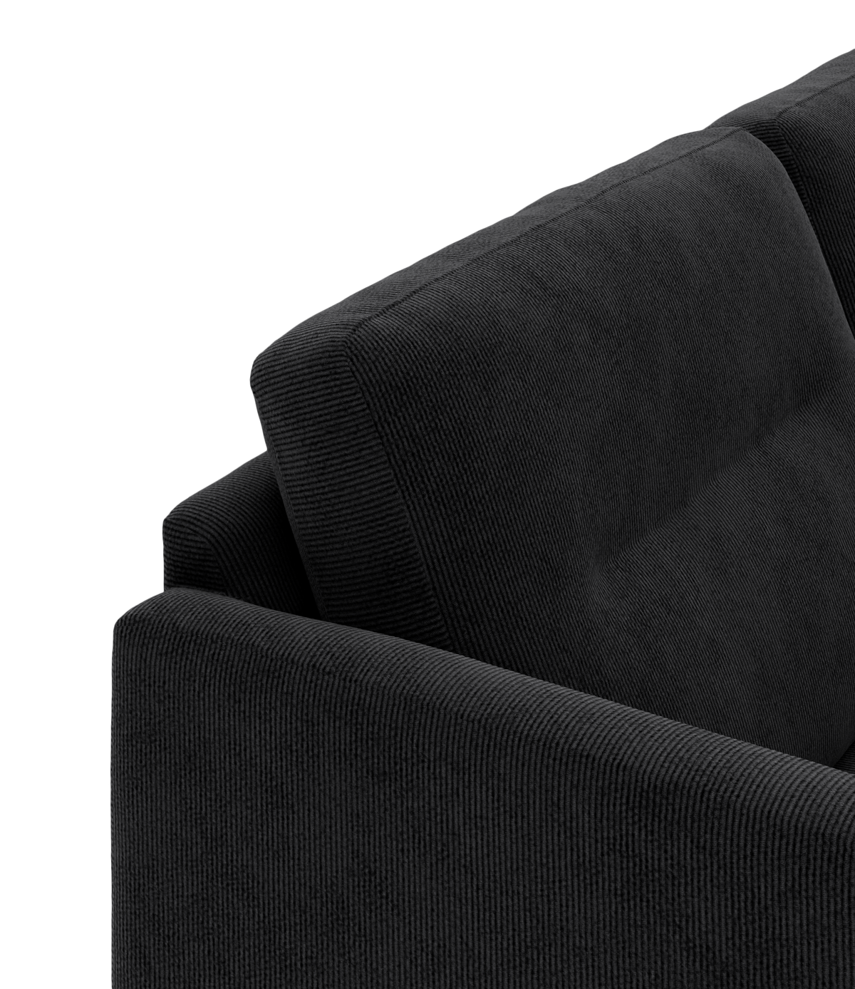 Detalje af sort/mørkegrå sofas ryg i bredriflet fløjl (corduroy) set i vinkel.