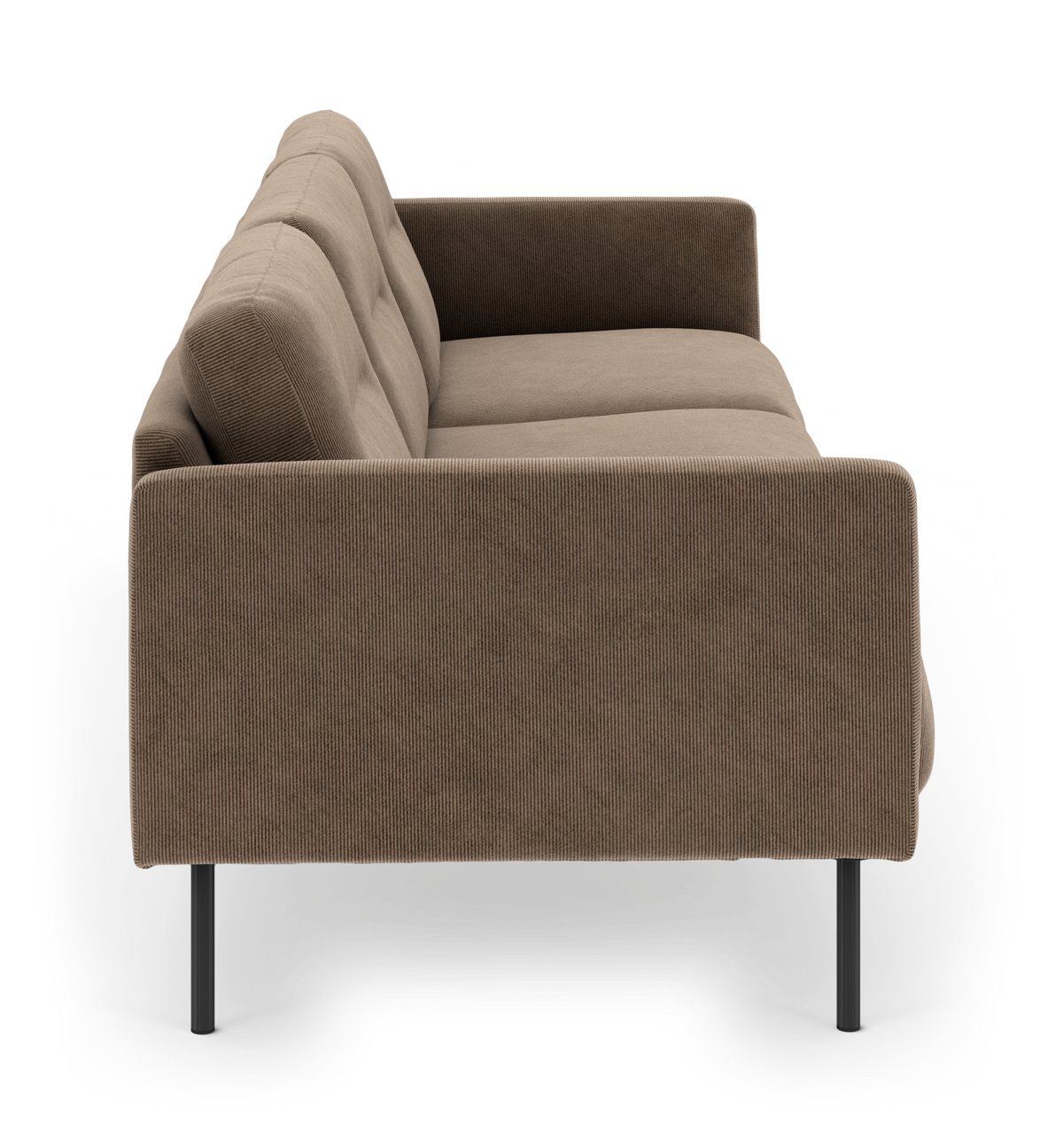Brun sofa i fløjl-lignende stof med sorte metalben, set fra siden.