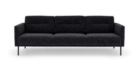 Mørkegrå 3-personers sofa med slanke metalben, forfra.