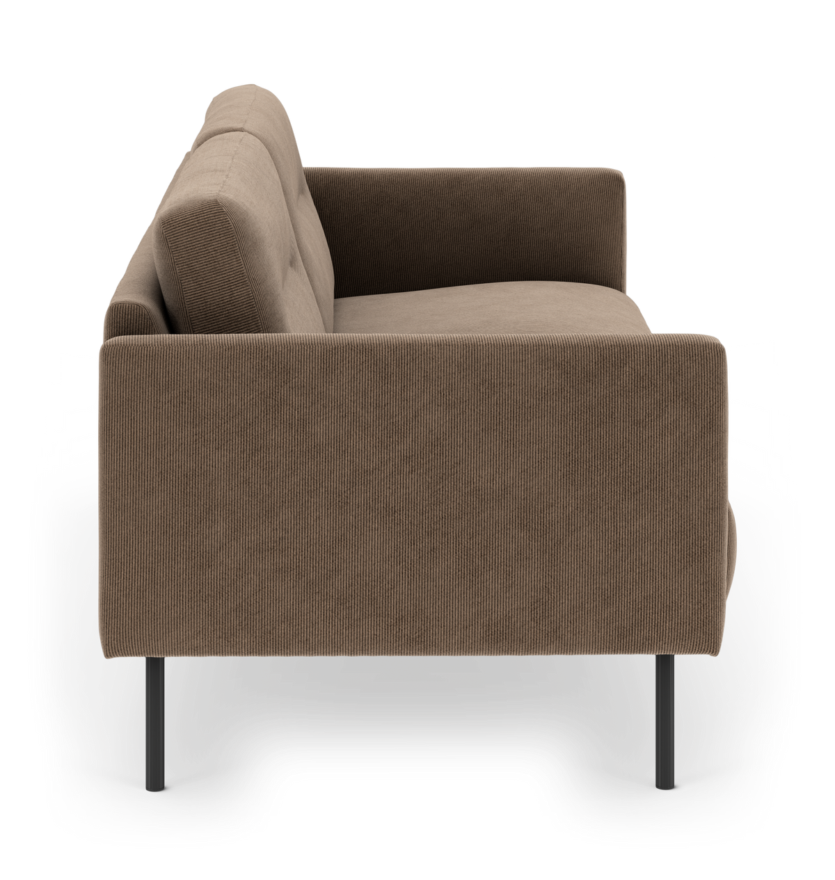 Brun moderne 2-personers sofa i fløjl med lige armlæn og sorte metalben, set fra siden.