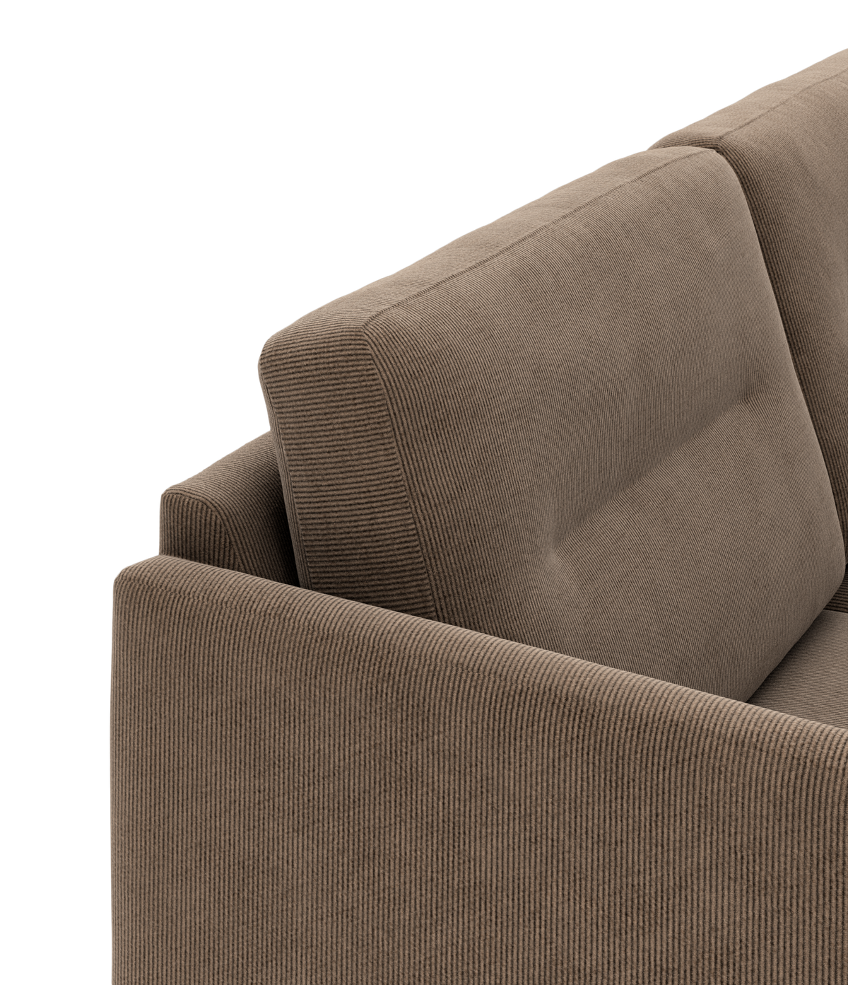 Nærbillede af brun sofa i bredriflet fløjl med armlæn og ryghynder i skrå vinkel.