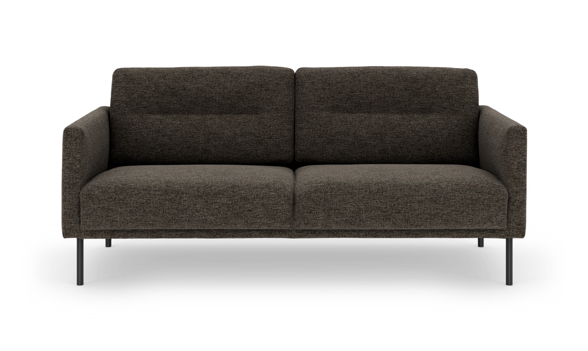 Mørkegrå stofsofa med metalben set forfra.