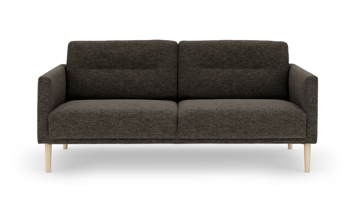 Mørkegrå sofa med to sædehynder og lyse træben, set forfra.