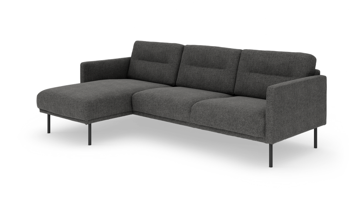 Mørkegrå hjørnesofa med venstrevendt chaiselong, slanke metalben og rene, moderne linjer.