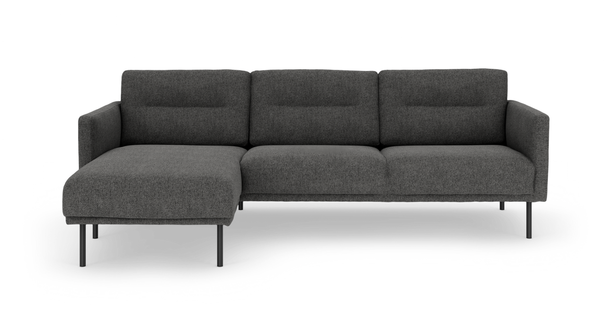 Mørkegrå modulsofa med venstrevendt chaiselong og slanke metalben.