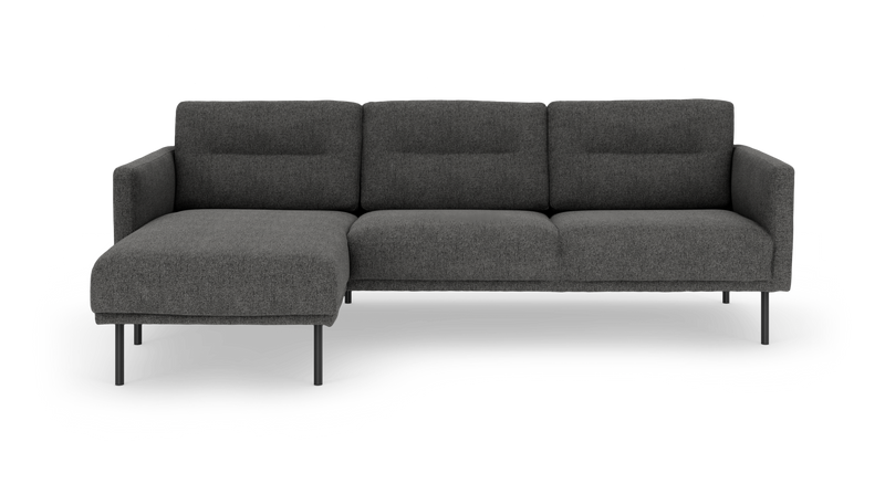 Mørkegrå modulsofa med venstrevendt chaiselong og slanke metalben._ps