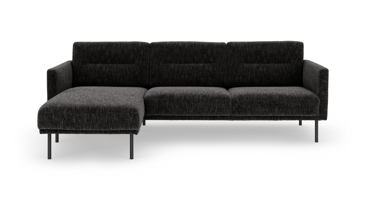 Mørkegrå modulsofa med venstrevendt chaiselong og metalben, frontvisning.