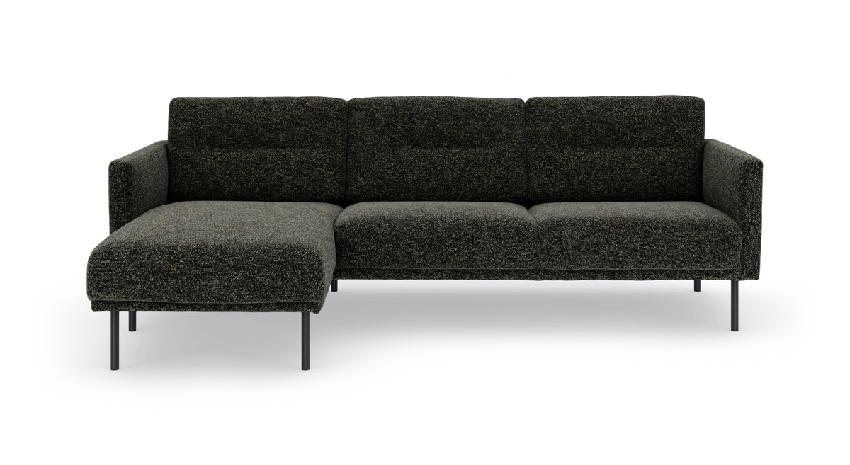 Mørkegrå L-formet modulsofa med venstre chaiselong og slanke metalben, frilagt på hvid baggrund.