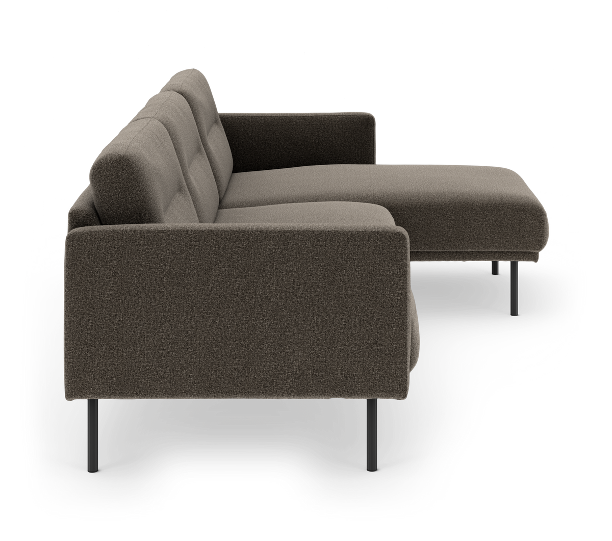 Modulær hjørnesofa med chaiselong til højre i mørkegråt stof, slanke sorte metalben.