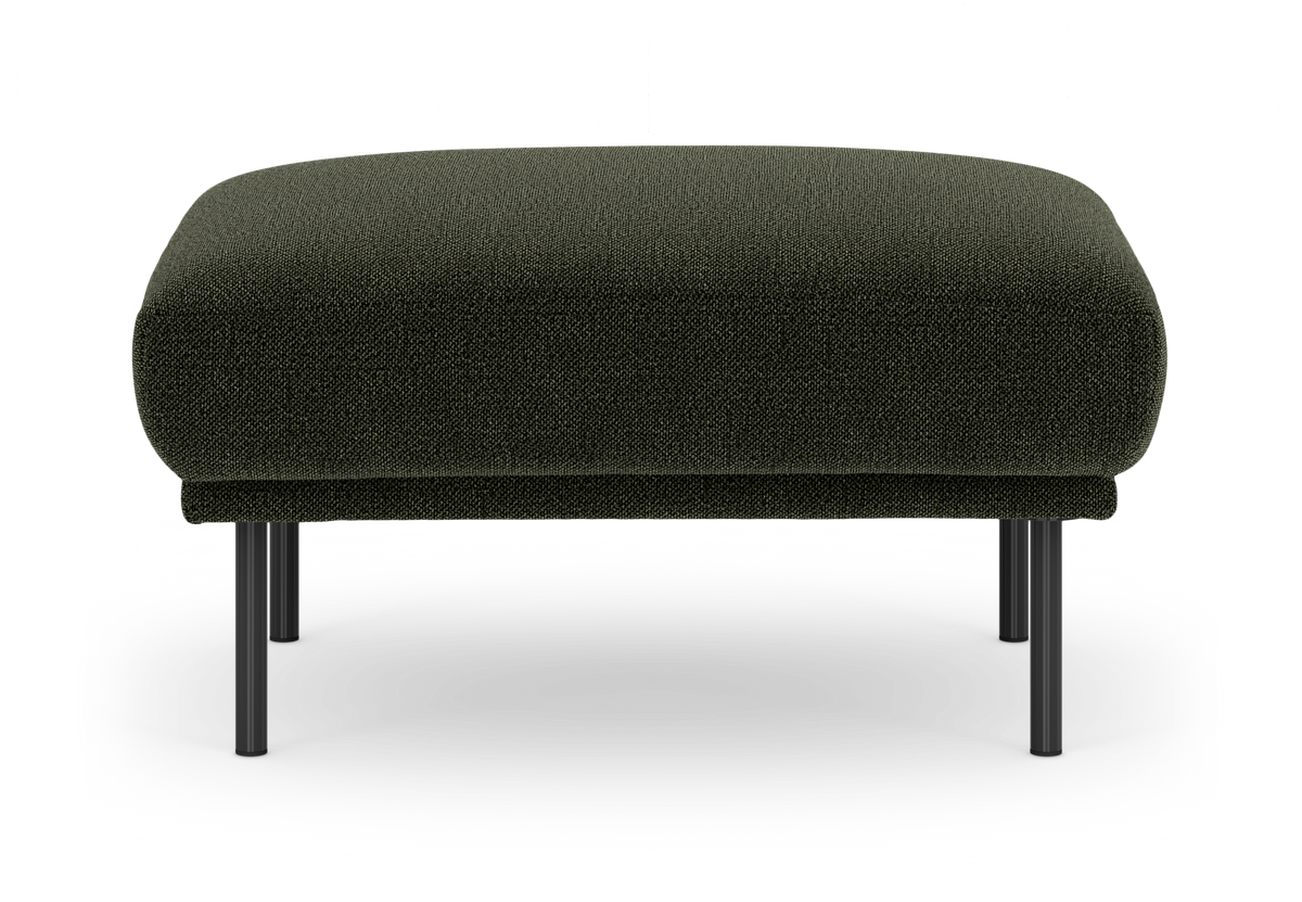 Mørkegrøn skammel/ottoman i tekstil med slanke sorte metalben, frilagt på hvid baggrund.