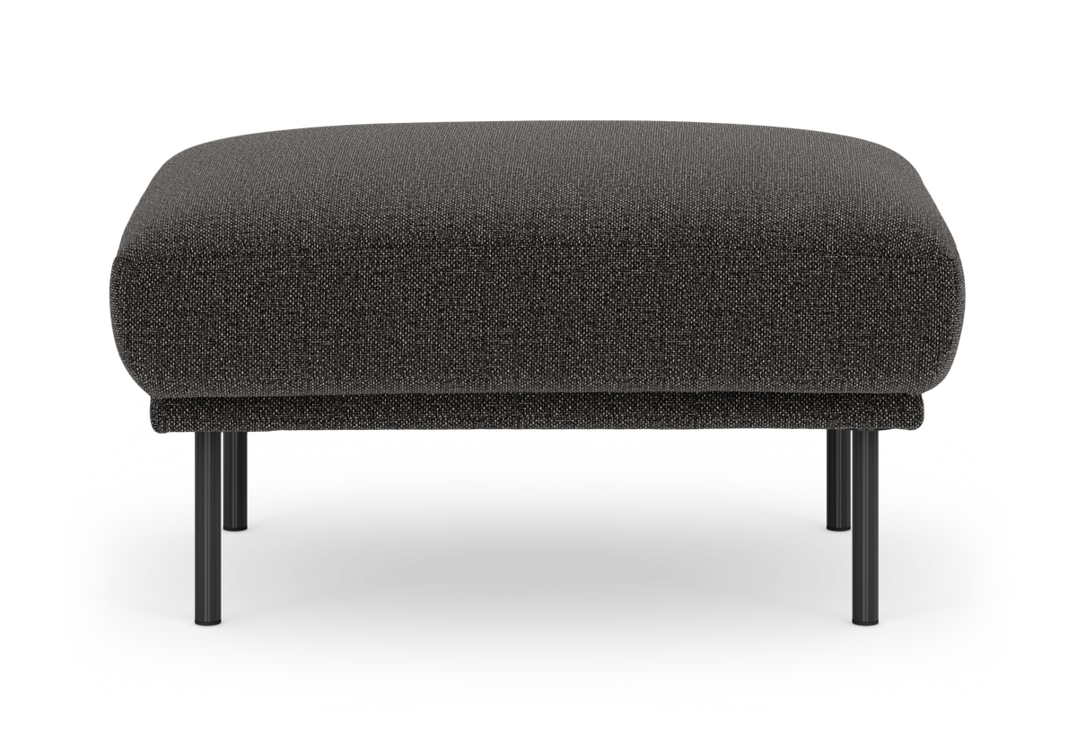 Mørkegrå fodskammel i stof med slanke sorte metalben, set forfra.