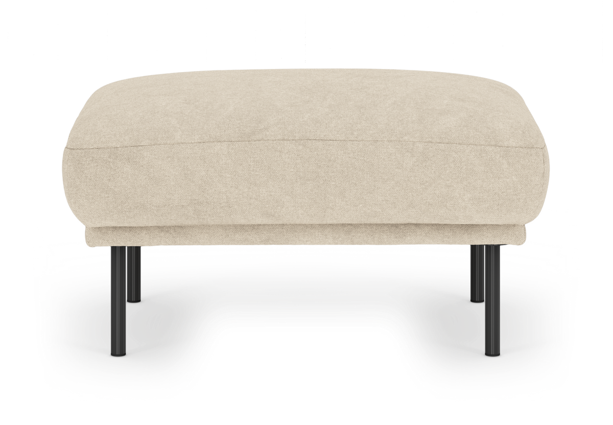 Beige moderne ottoman/fodskammel med sorte metalben, frontvisning.