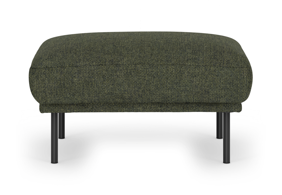 Grøn puf/ottoman i stof med sorte metalben, frilagt forside.