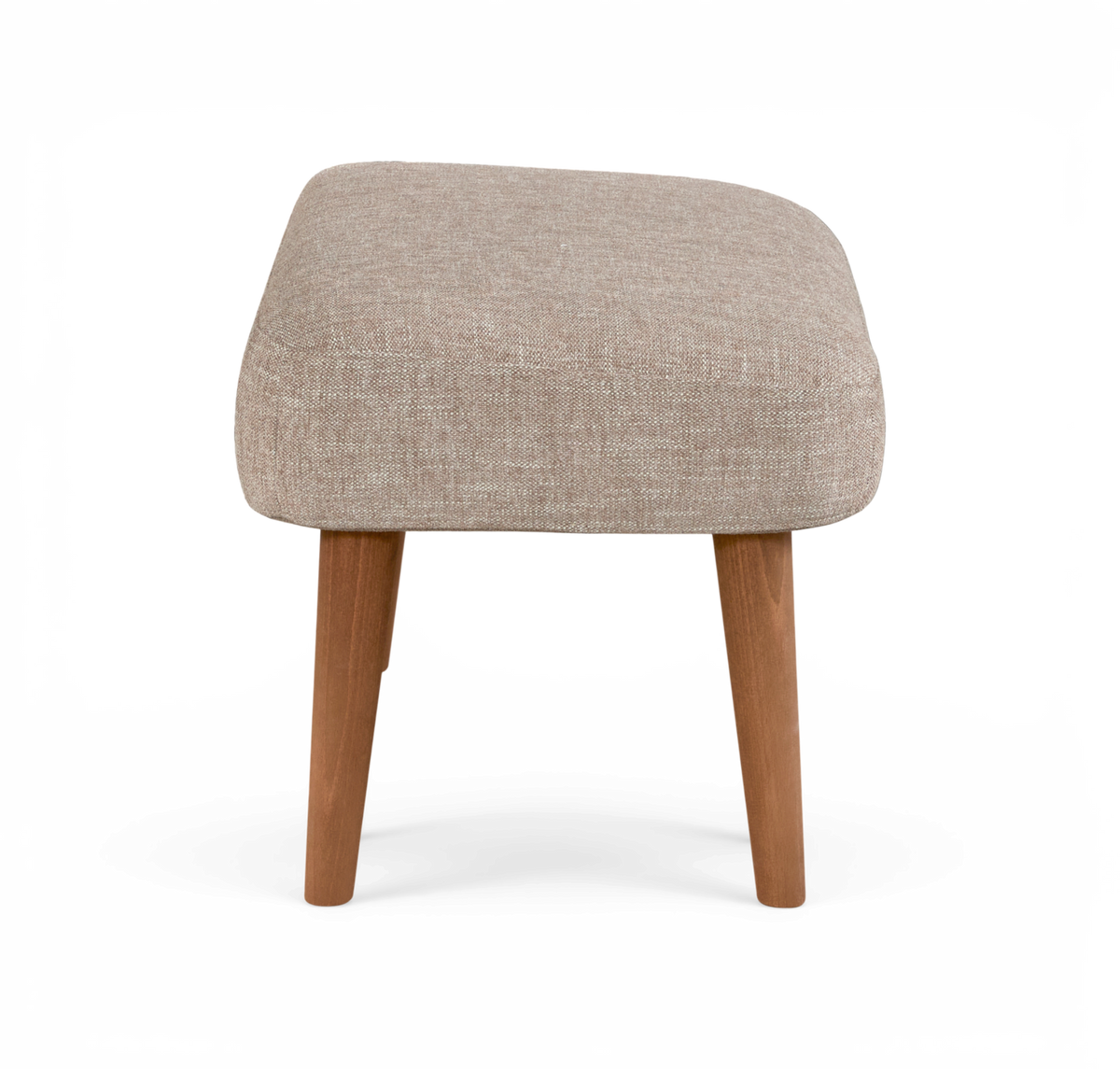 Beige polstret skammel/fodpall med træben, frontvisning, frilagt på hvid baggrund.