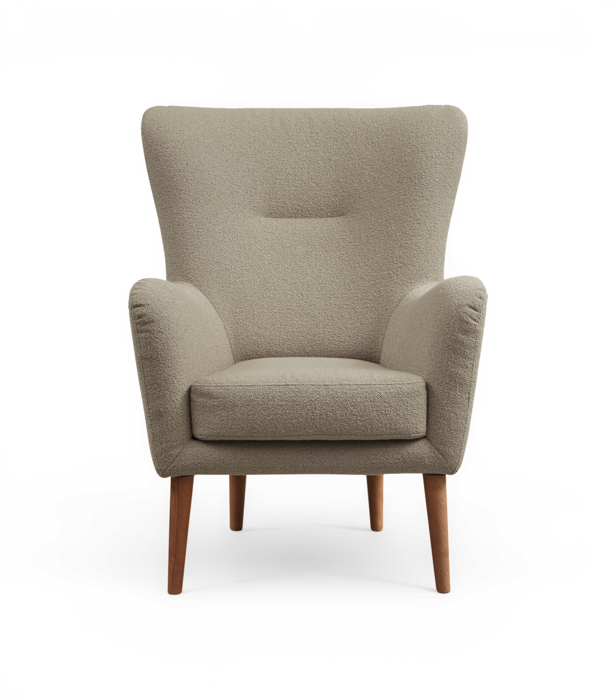 Beige lænestol i bouclé med blød sæde og armlæn samt træben, set forfra.