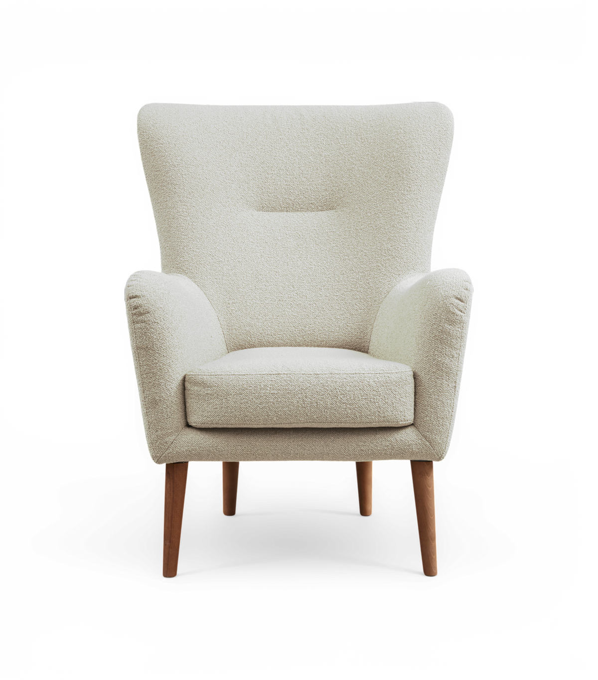 Beige lænestol i bouclé med træben, frontview på hvid baggrund.