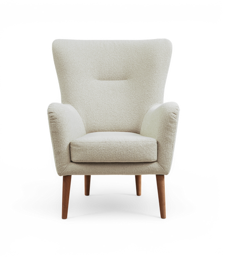 Beige lænestol i bouclé med træben, frontview på hvid baggrund.