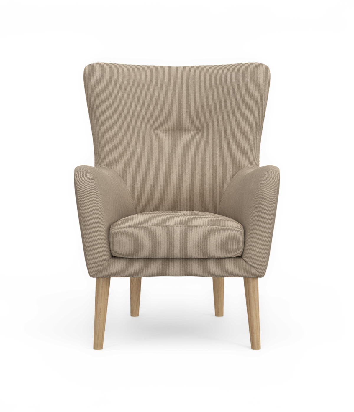 Beige lænestol med træben, frontvisning.