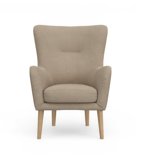 Beige lænestol med træben, frontvisning.