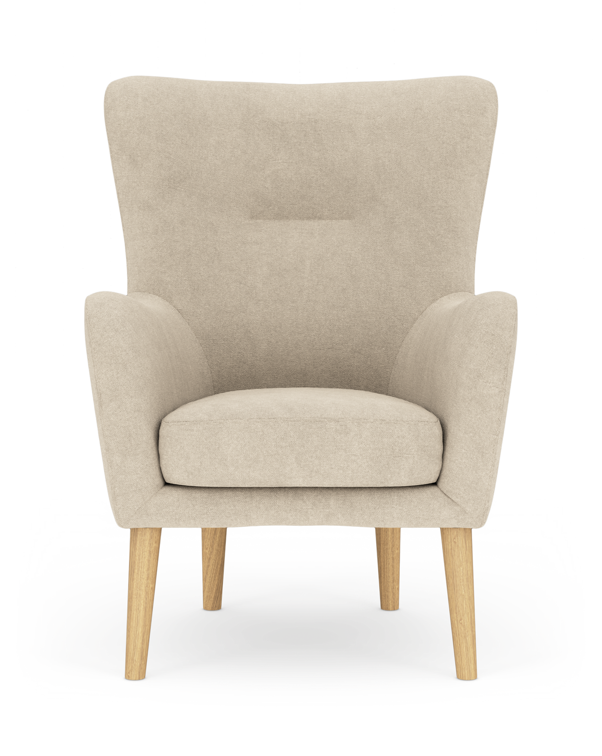 Beige lænestol med lyse egetræsben, set forfra på hvid baggrund.