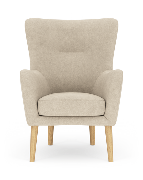 Beige lænestol med lyse egetræsben, set forfra på hvid baggrund.