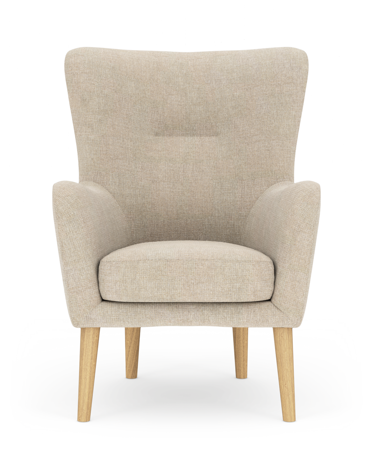 Beige lænestol med lyse egetræben, set forfra på hvid baggrund.