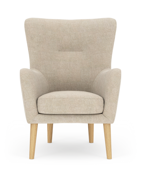 Beige lænestol med lyse egetræben, set forfra på hvid baggrund.