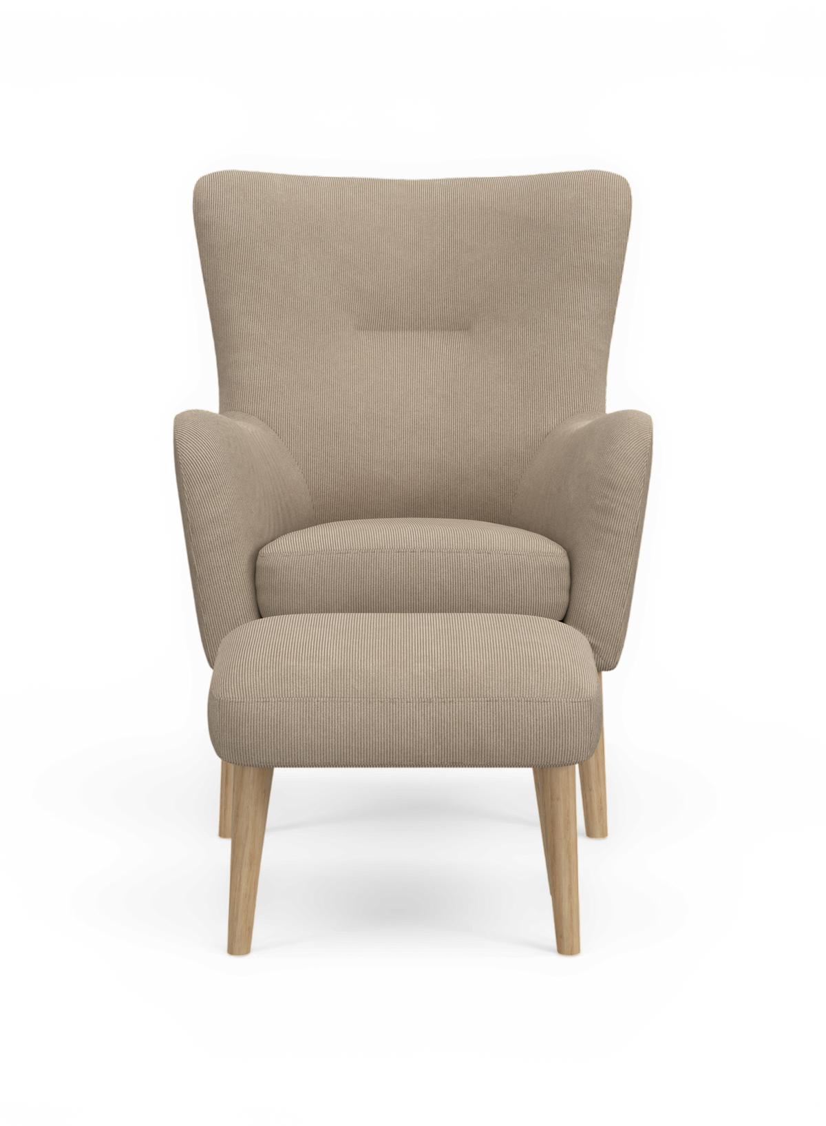 Beige lænestol med matchende skammel i ribbet stof og lyse træben, frilagt på hvid baggrund.