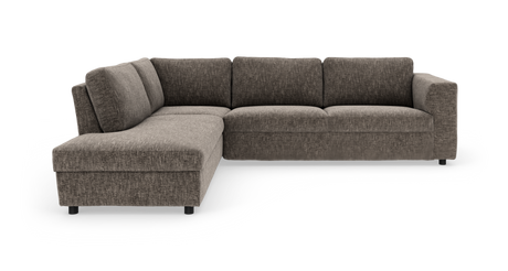 L‑sofa med venstre chaiselong i gråbrunt stof, moderne design på hvid baggrund.