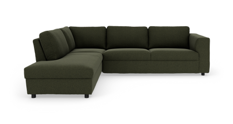 Mørkegrøn L‑formet hjørnesofa med venstre chaiselong i moderne stil, frilagt på hvid baggrund.